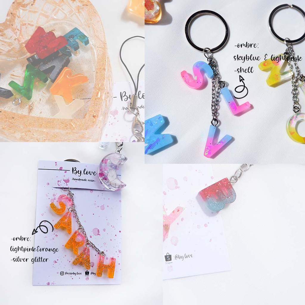 (OMBRE)GANTUNGAN KUNCI CUSTOM INITIALS KEYCHAIN RESIN ALPHABET KECIL