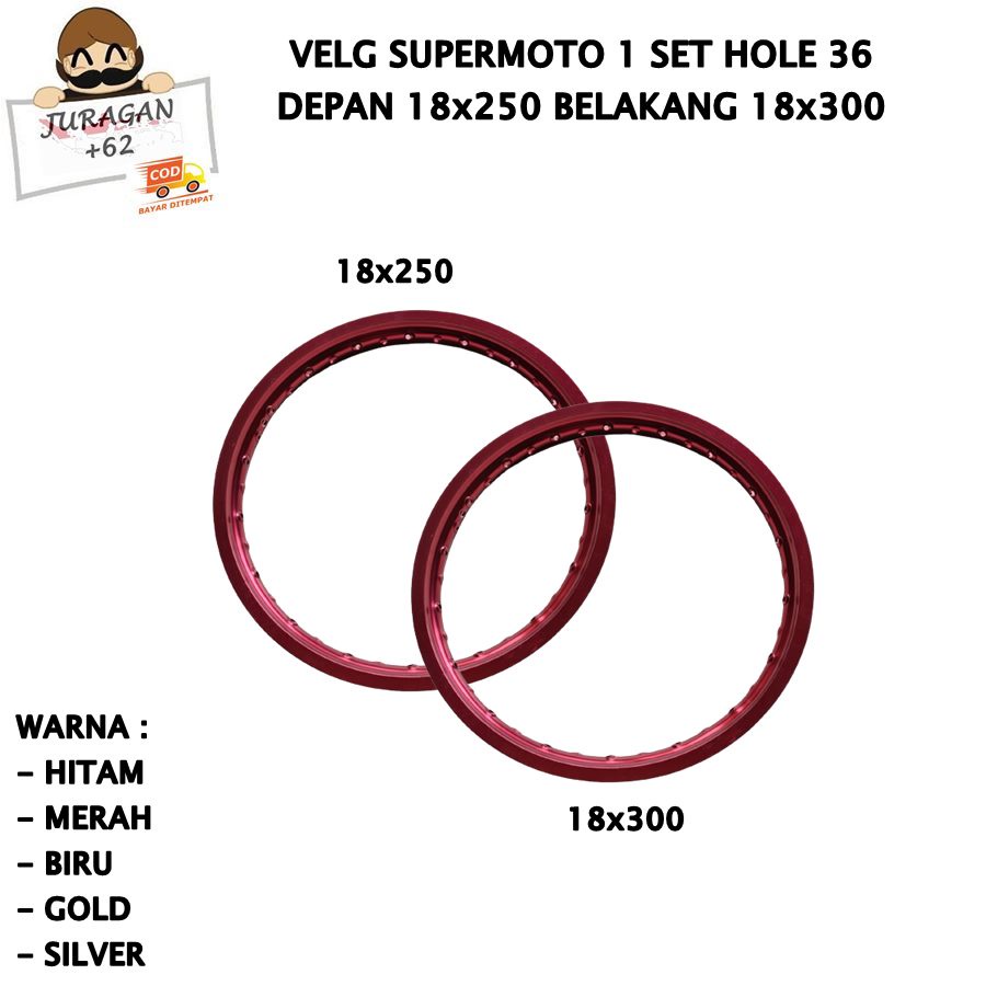 VELG SET SUPERMOTO RING 18 250 300 18x250 18x300 HOLE 36 PELEK VELEG SUPER MOTO 18-250 18-300 KLX DTRACKER D TRACKER CRF WR