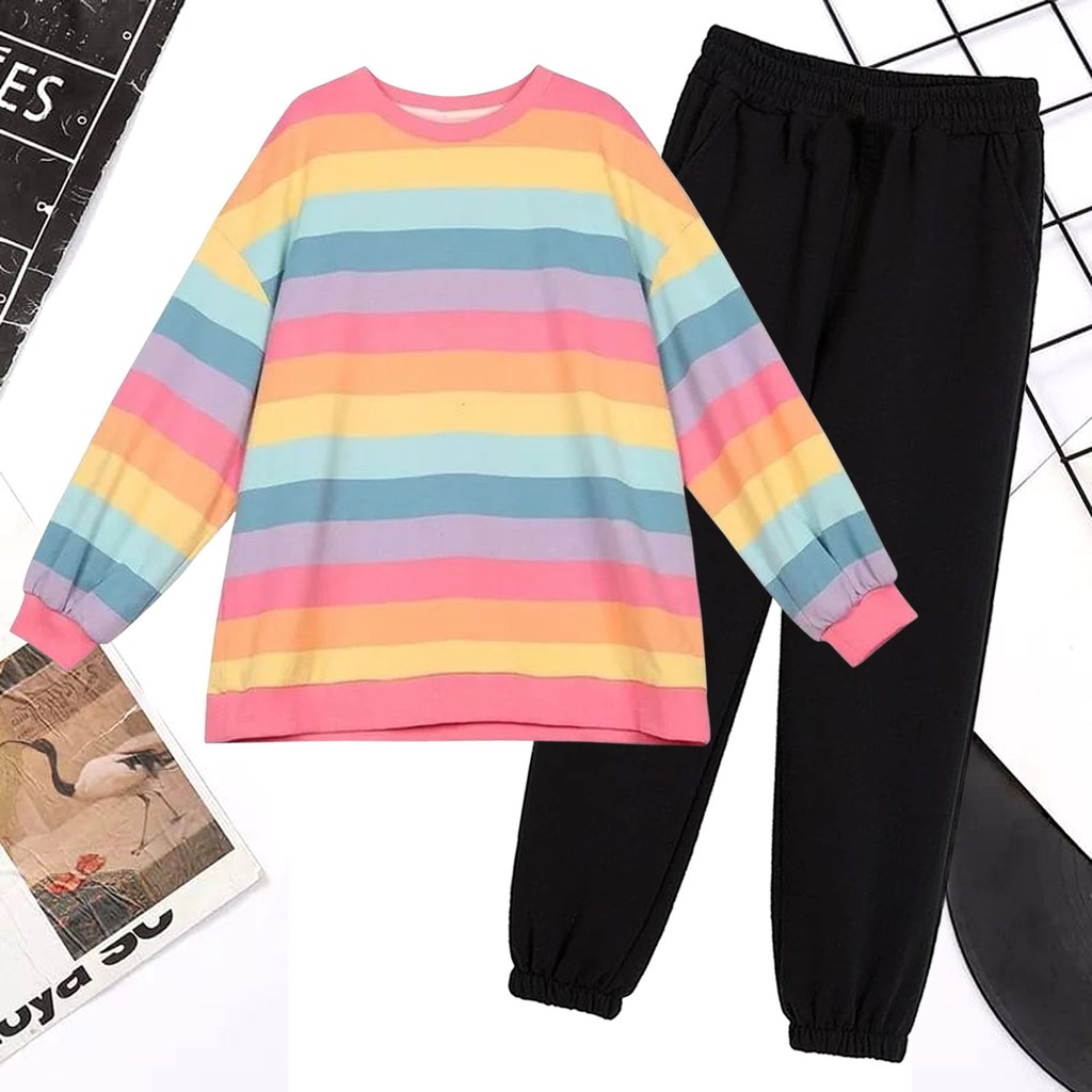 BESS - Baju Setelan Wanita Murah / Setelan Sweater + Celana Jogger - RAINBOW PINK3