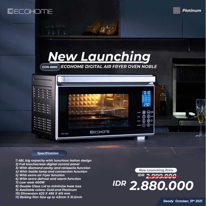 ECOHOME DIGITAL AIR FRYER OVEN EON-888S Dengan fungsi defrost