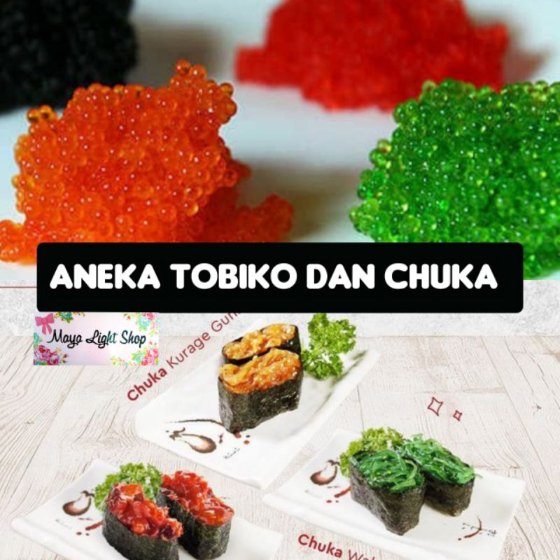 Tobiko chuka sushi idako kurage wakame roe telur ikan caviar flying fish tobiko orange hitam hijau wasabi