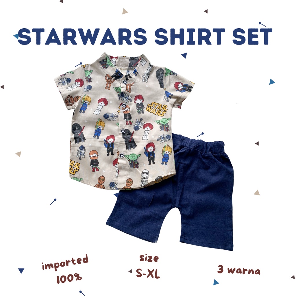 import !! starwars shirt set kemeja import anak katun 1-3 tahun bayi baju laki-laki cowok balita setelan