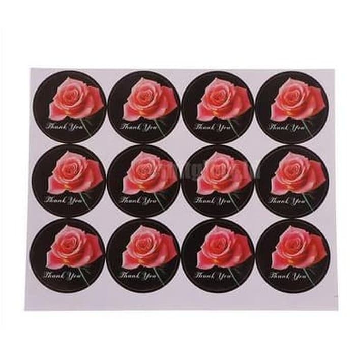 Paper Tags Sticker &quot;THANK YOU&quot; - Black Round Red Rose (1sheet/12pcs)