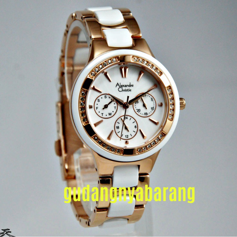 Jam Tangan Wanita - Cewek Alexandre Christie AC 2299 Keramik White Putih Rose Gold Original Cantik
