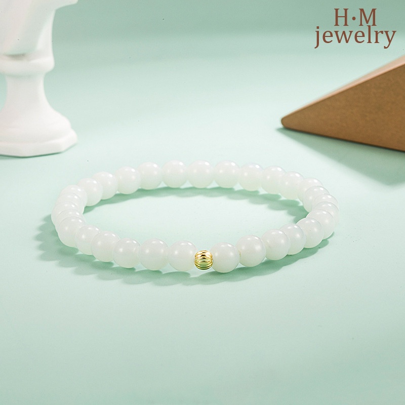 Gelang Tangan Manik-Manik Batu Jade Hetian Putih Tipis Simple Untuk Wanita