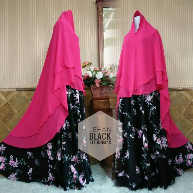 Gamis super Jumbo 5L LD 135 cm / gamis syari hitam motif cantik jehan set khimar cetuti