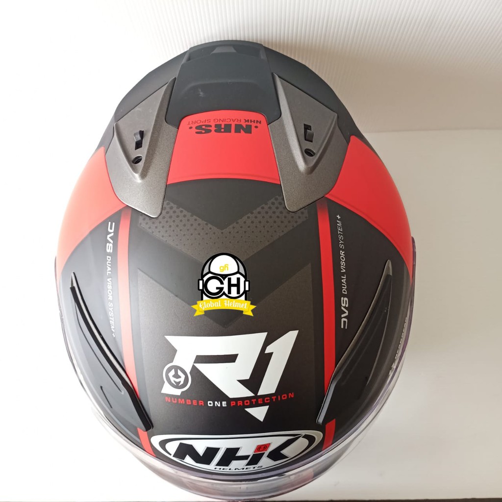 HELM NHK R1 NAPOLEON BLACK RED DOFF DOUBLE VISOR HALF FACE