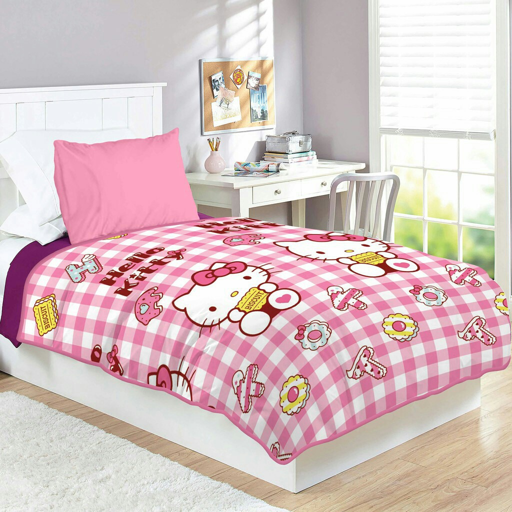 Selimut Valda Sutra Rotary 150x200 Doraemon Hello Kitty Frozen Keroppi LOL Mickey Tsum Unicorn Pony-Hello Kitty Biscuit