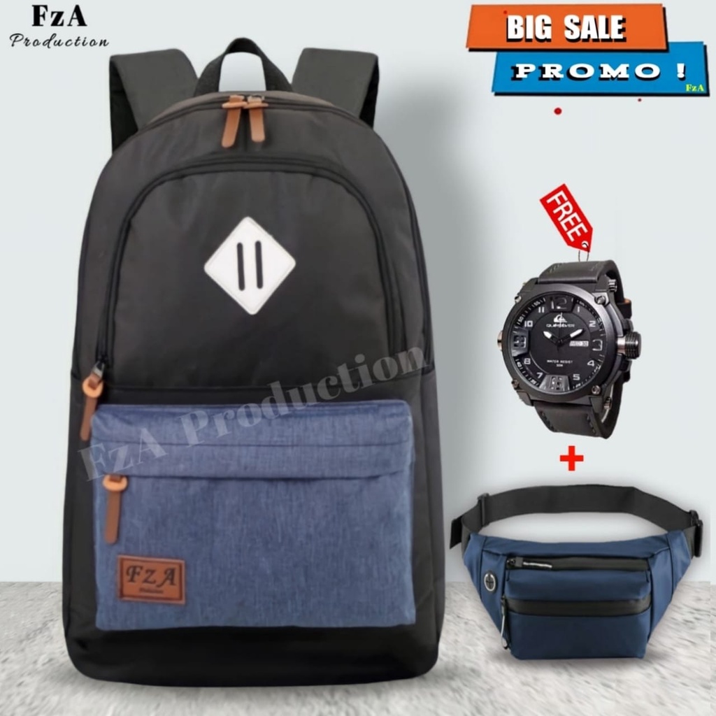 Tas Ransel Gendong Laptop Distro Sekolah Kuliah Pria Wanita Black Murah Original GRATIS Jam Tangan Dan Slempang