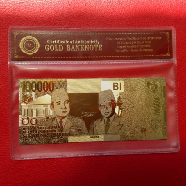 UANG SOUVENIR GOLDFOIL 100.000 SOEKARNO HATTA GOLD FOIL 100000