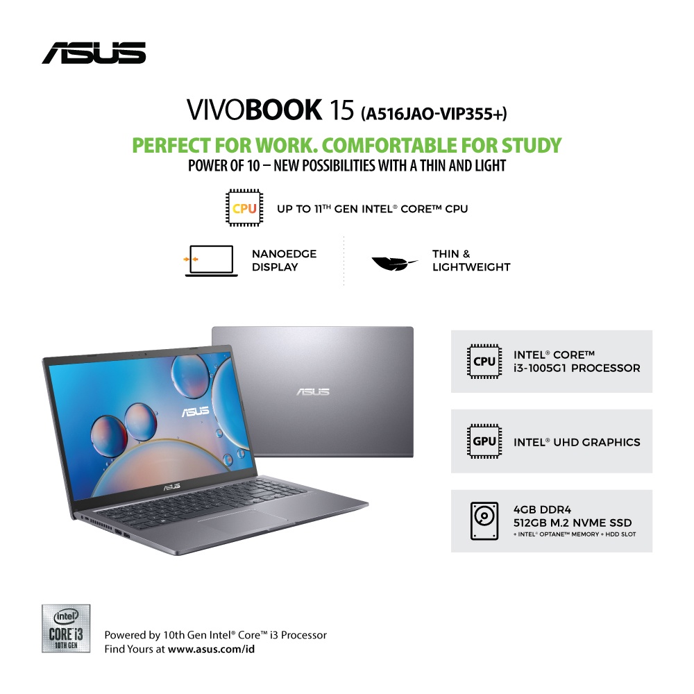 Asus Vivobook A516JAO-VIPS355+ /Core i3-1005G1/4GB/512GB SSD+32GB opt