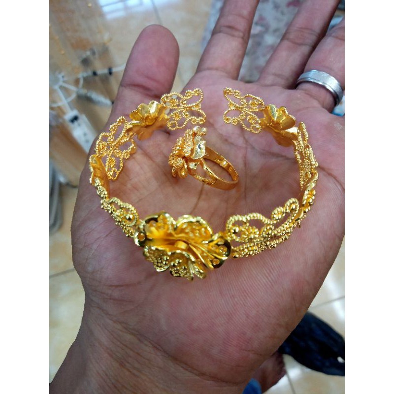 set perhiasan dewasa gelang dan cincin motif kembang bahan koin 91