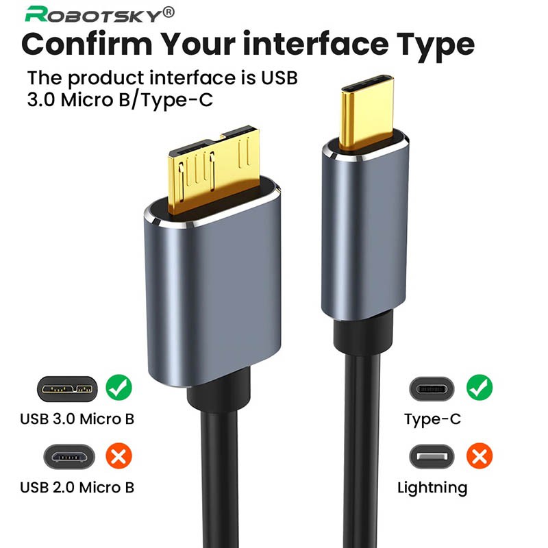 Robotsky Type-C to USB 3.0 Micro-B Cable 50cm 100cm 200cm - Original Fast Quick Ori Converter Adapte