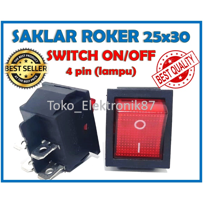 Saklar Power Roker 4Pin 25x30 Merah Switch On/Off (Lampu)