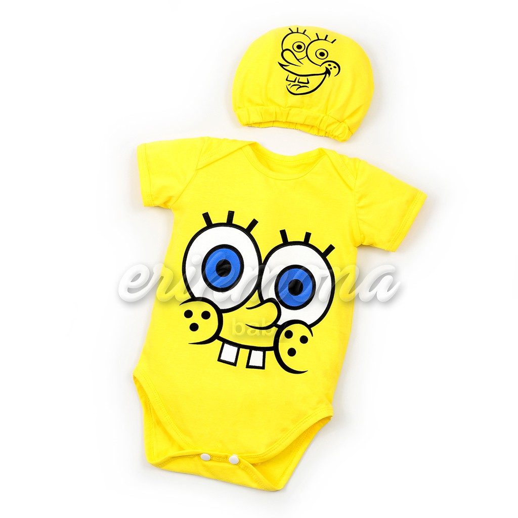 Ermon Baby - Baju Bayi Laki Laki Jumper Baby Lucu Karakter Spongebob + Topi usia 0 - 12 Bulan