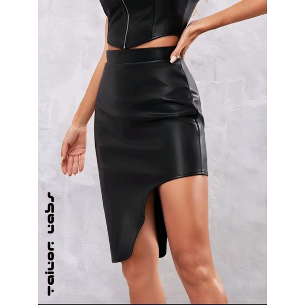 Rok Kulit Asymmetrical hem Zipper Up Pu Leather By Tailor Labs