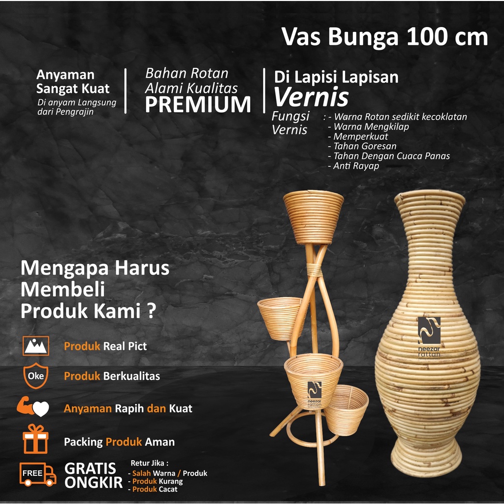 Vas Pot Guci Tempat Bunga dari rotan TINGGI 100 cm