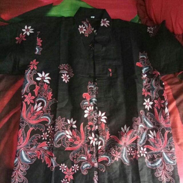 Hem Batik Kencana Hitam | Atasan Pria Batik Modern Batik Pria Motif New Sekar Warna Merah Pekalongan