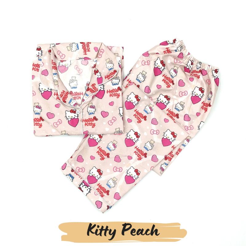 Baju Tidur Wanita | Piyama Wanita Kekinian | Oneset Setelan Wanita Bahan Katun Polymicro Bebas Pilih Motif-Kitty Peach