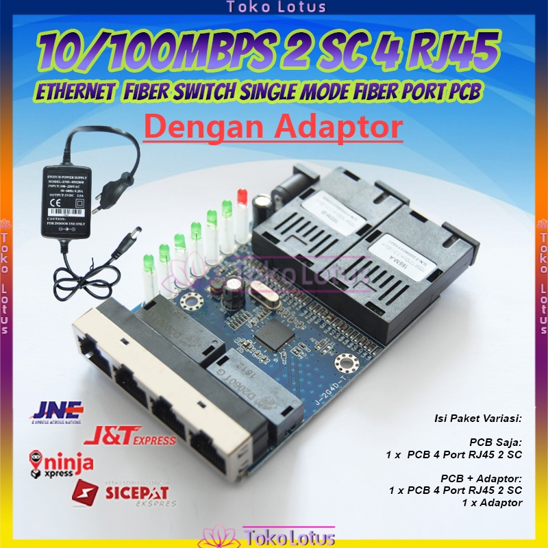 media Converter 2 port fiber optic singel mode A dan B - 4 port rj45-switch Converter dengan adaptor