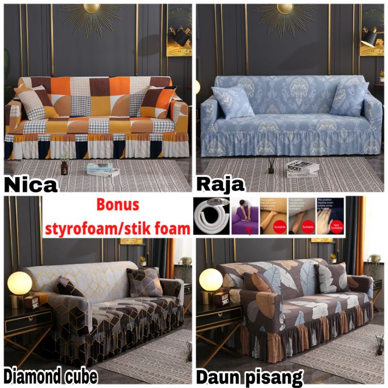 Sarung PENUTUP sofa 1/2/3/4 seater elastis/Cover sofa RUMBAI stretch