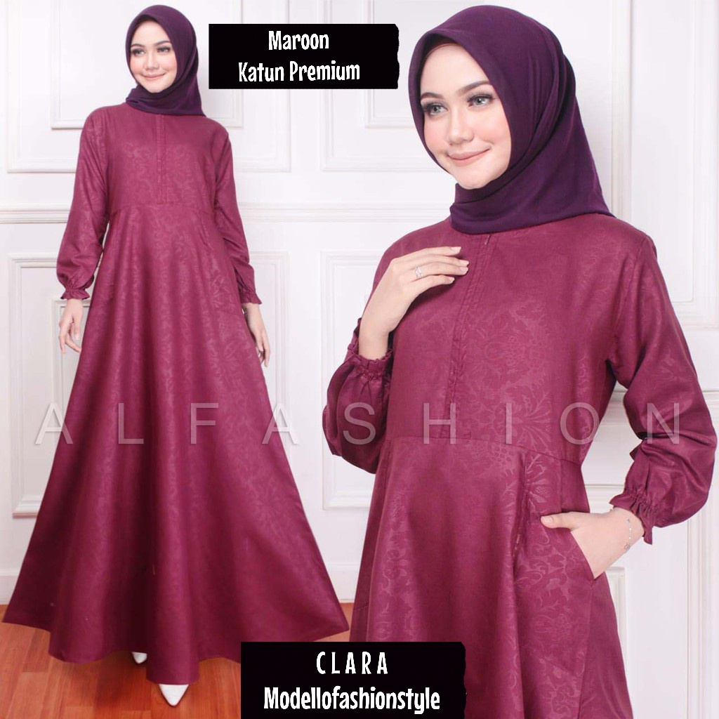 Clara - Gamis Dress L / XL Jumbo Polos Emboss Busui Bahan Katun 100% Berkualitas Warna Maroon Merah 