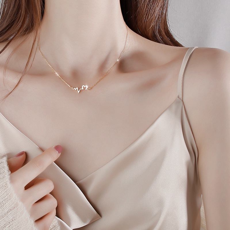 Kalung kristal Berlian Detak Jantung Sederhana Korea S925 Perak Emas Wanita Fashion Perhiasan Aksesoris Baja Titanium Berbentuk Hati Liontin Rantai Necklace