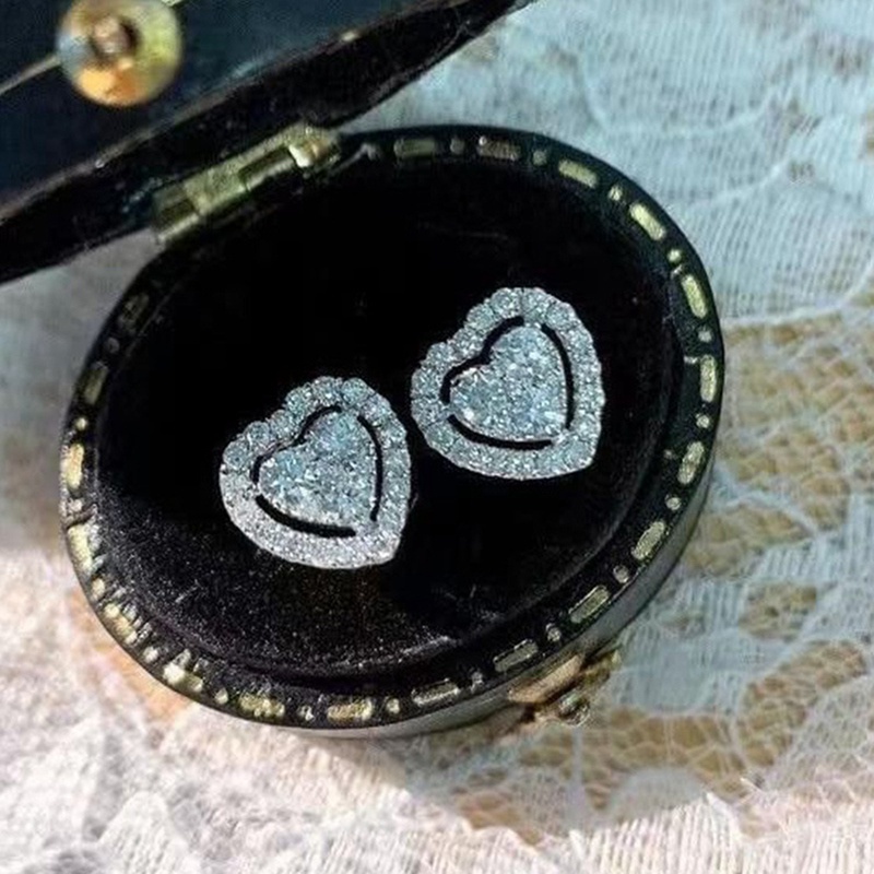 Simple Fashion Heart Shaped Stud Earrings For Women White Cubic Zirconia Romantic Female Earring Statement Jewelry Gift