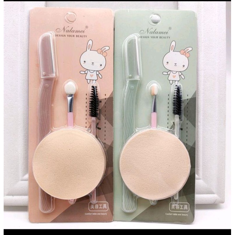 SPONGE FACE AND EYELASH SET / set spon bedak dan pisau cukur alis