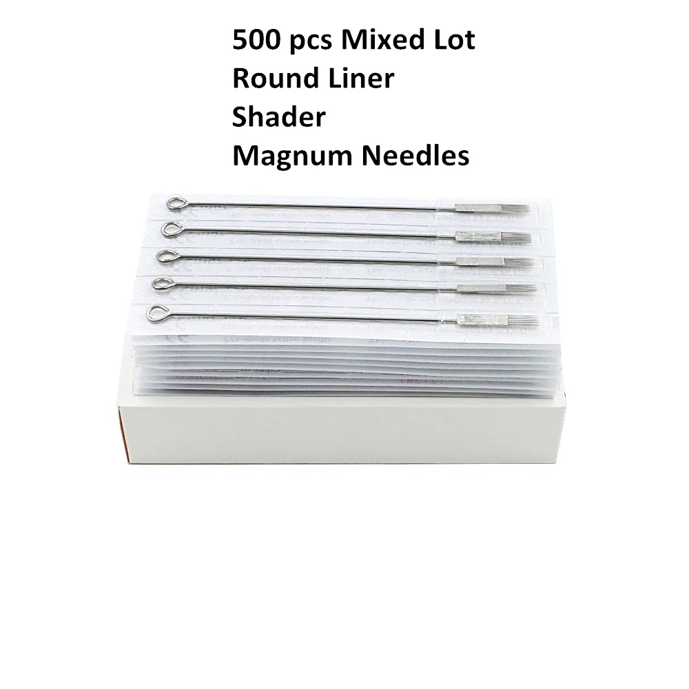 

PRODUK IMPORT 500 PCS/Lot Assorted Sizes Disposable Sterile Round Liner Shader Flat Magnum Tattoo
