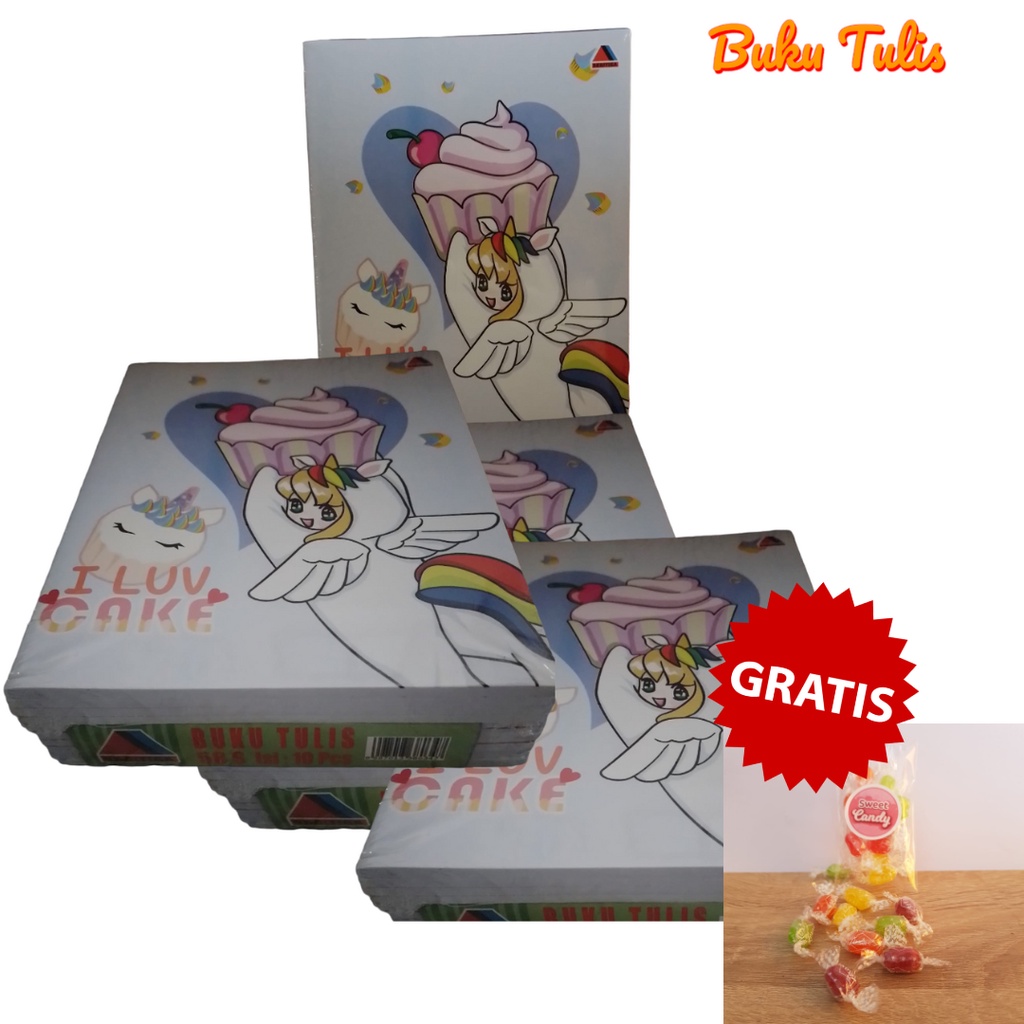 

Buku Tulis | buku tulis I luv cake | beli buku gratis permen | isi 10 buku | 58 lembar kertas | buku murah