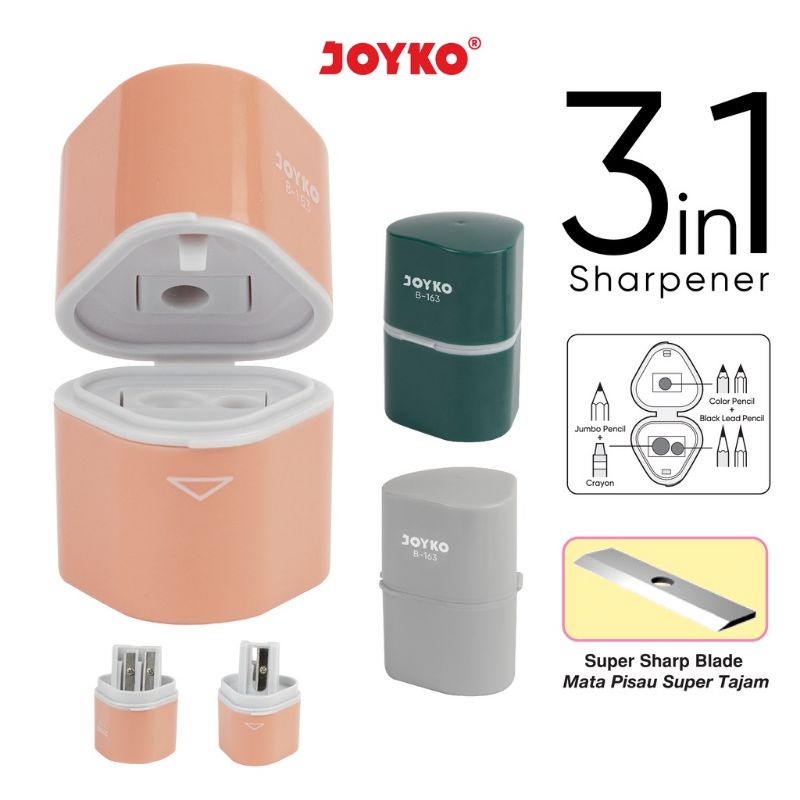 Rautan Serutan Sharpener JOYKO 3 in 1 B-163 Untuk Pensil / Crayon / Jumbo Pensil