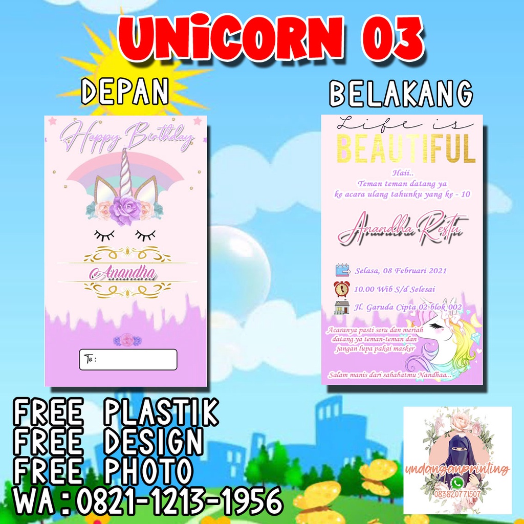 Jual Undangan Karakter Unicorn 6 / Undangan ulang tahun / undangan