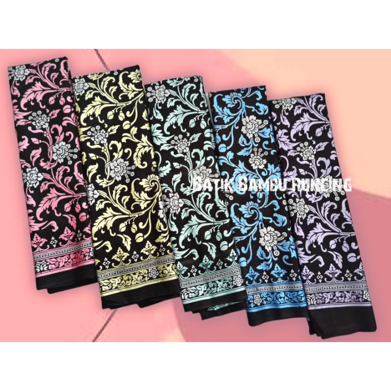 Ak kain batik printing prada modern murah motif bunga bakung dasar hitam kain bahan kebaya seragam