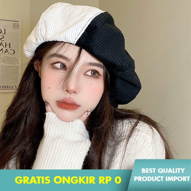 Topi Baret Fashion Wanita Baret Wanita  Warna Hitam  Putih    Retro Inggris Korea Jenis Tren Jepang 