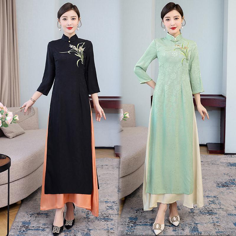 Audrey cheongsam 2022 new women's long style young long sleeved retro Chinese style improved dress a