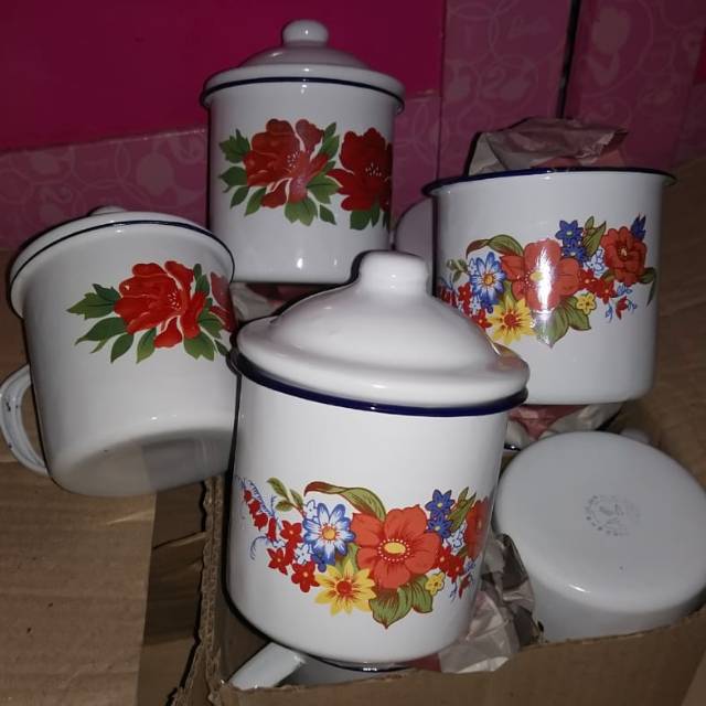 Cangkir mug enamel 8cm, cangkir kopi vintage (6pcs)