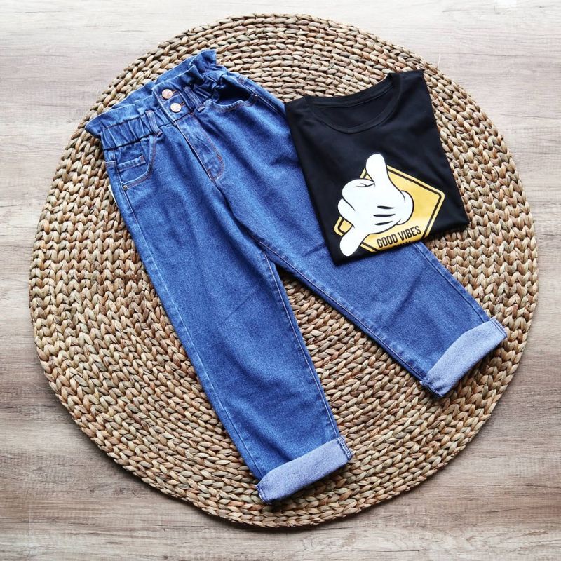 AFAREEN - Boyfriend Jeans Wanita Celana Kulot Jeans Hitam Pinggang Karet Celana Kulot Highwaist