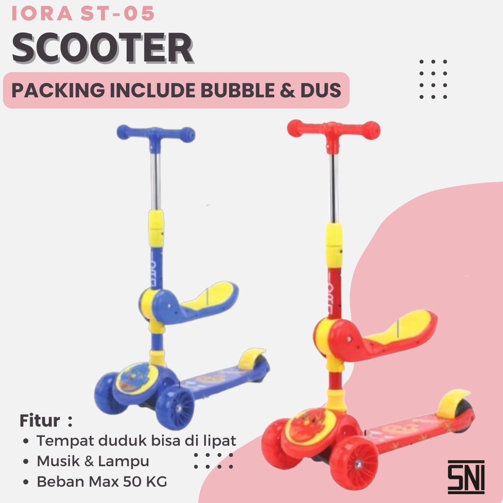 Premium Skuter Lipat Scooter Otopet Anak IORA ST05 Roda Tiga Dudukan Lampu Musik