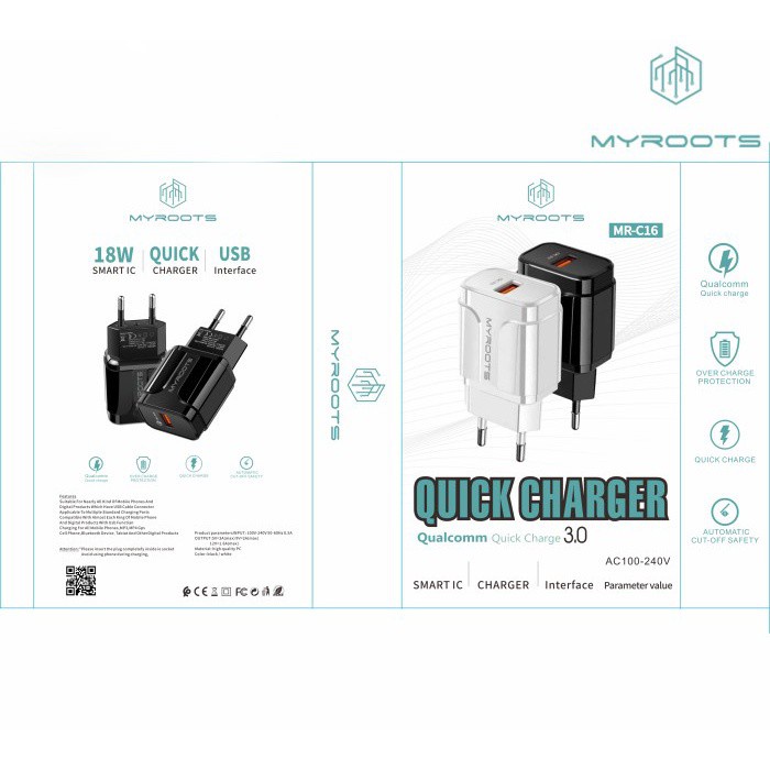 Batok Adaptor Charger MYROOTS MR-C16 1 Usb Quick Charger 3.0 18W Smart IC Auto ID Fast Charging