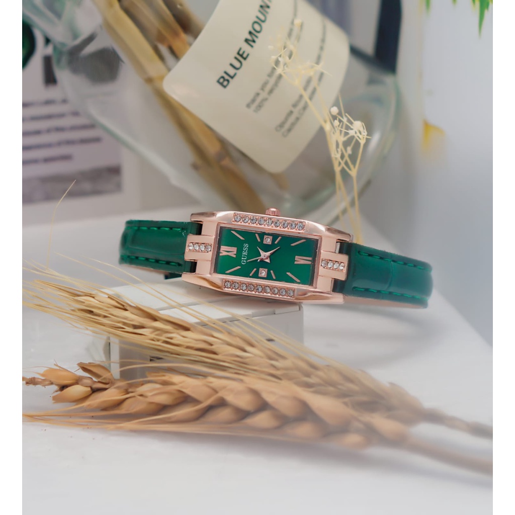 Jam Tangan Quartz Strap PU Analog Casual Gaya Retro Wanita Persegi Panjang Watch Korean Fashion RM024-HIJAU