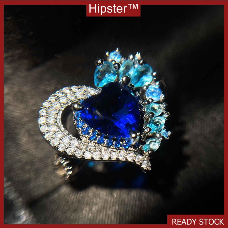 High-End Temperament Natural Dark Blue Gemstone Love Heart-Shaped Full Diamond Ring