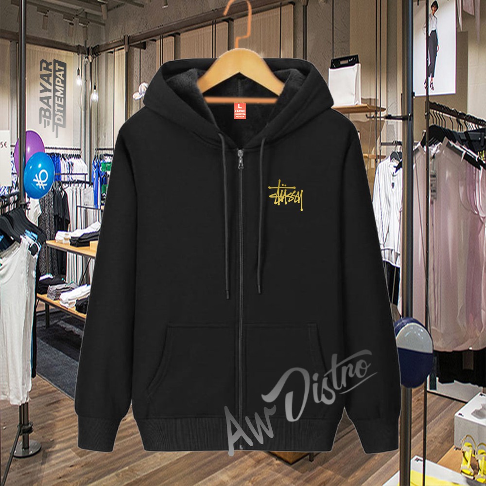 COD Jaket Distro Stussiy Logo Gold Premium Quality Sweater Tulisan Jaket Kata-Kata Hoodie Sablon