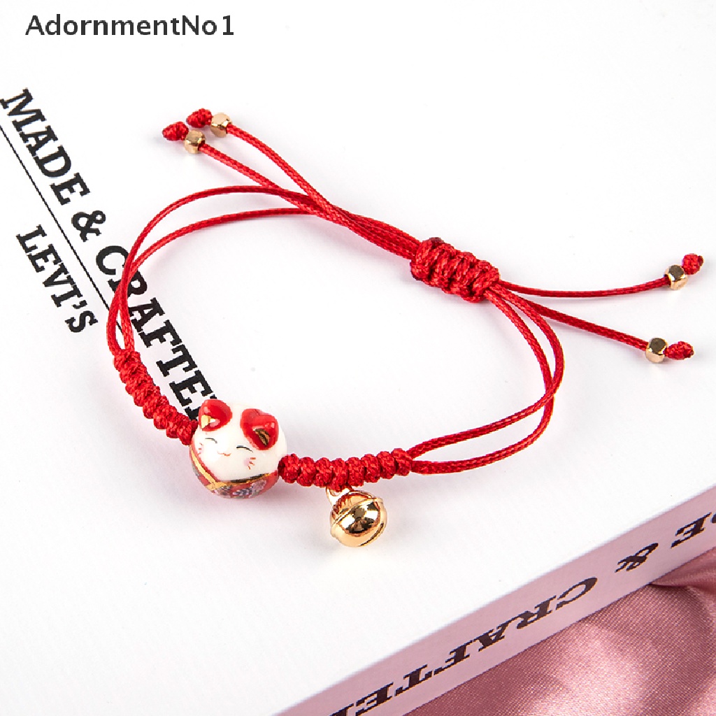 (AdornmentNo1) Gelang Tangan Tali Aksen Lonceng Keramik Motif Kucing Keberuntungan Untuk Wanita / Pasangan