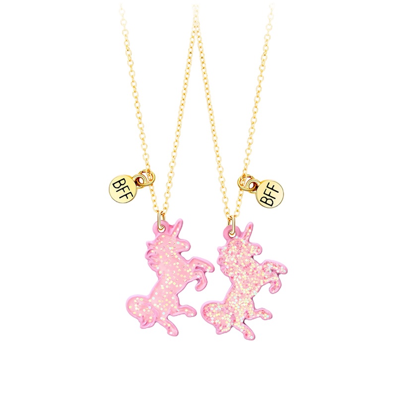 2pcs / Set Kalung Rantai Dengan Liontin Unicorn Hati Warna-Warni Untuk Hadiah Persahabatan