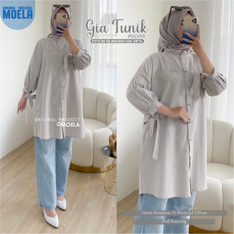 GIA TUNIK BY MOELA , TUNIK LINEN , BUSUI FRIENDLY , FULL KANCING