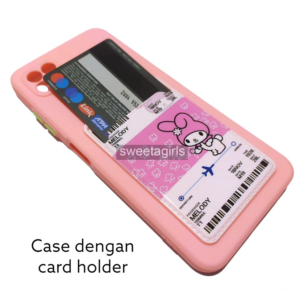 Casing Card Holder Softcase silikon untuk Samsung Galaxy A22 5G - sweetacase.id - Full lens Cover Karakter model Boarding Pass - karakter Doraemon - Stitch - Hello Kitty - Panda - Rabbit