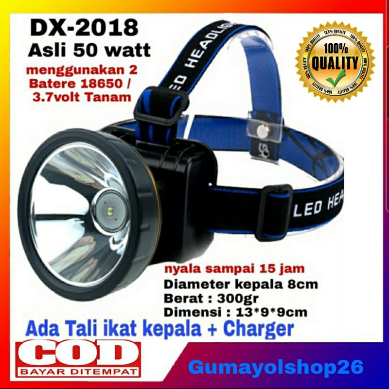 Senter Kepala Led 50 Watt Charger DX 2018/ Senter Headlamp 50Watt Super Terang