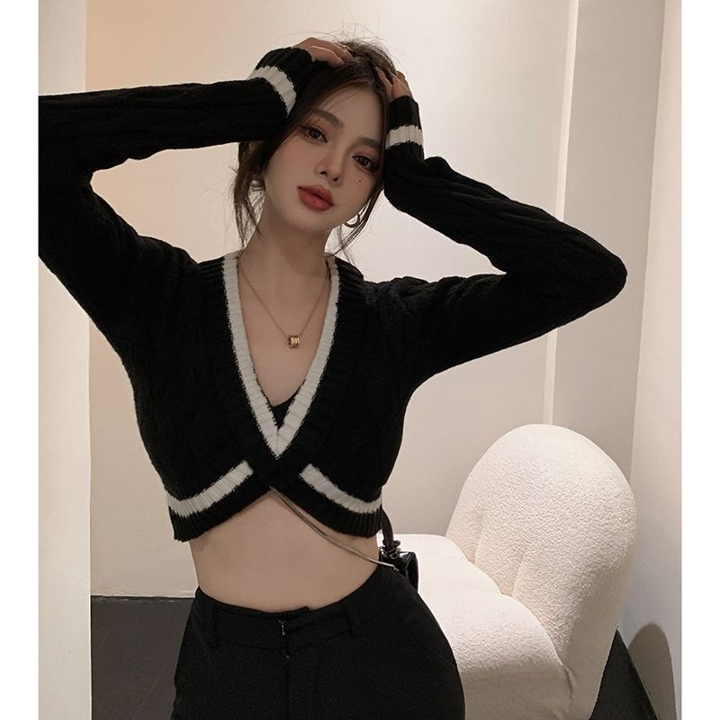 impor cross v-neck sweater wanita lengan panjang twist sweater rajutan atasan musim dingin