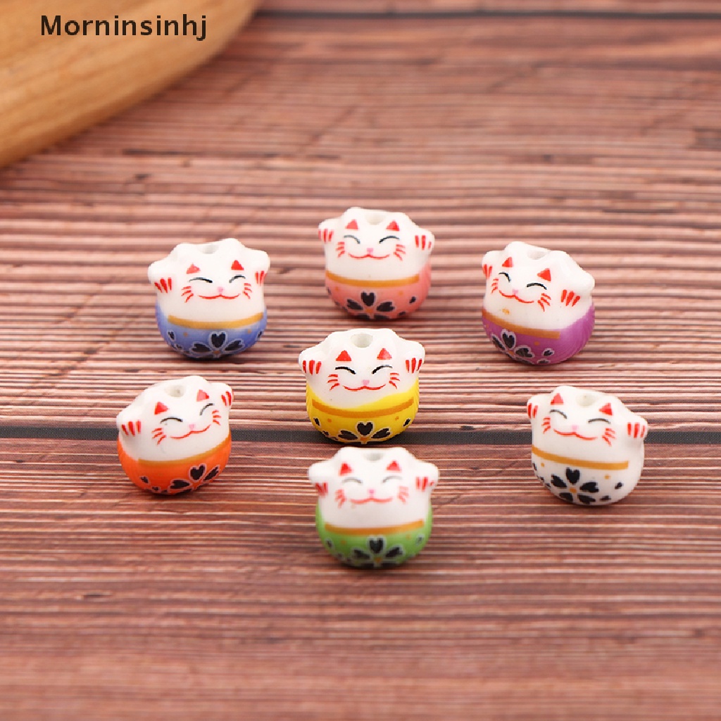 Mornin 5Pcs 14mm Lucky Cat Ceramic Beads Diy Gelang Kalung Aksesoris Lubang Longgar Perhiasan Manik-Manik Porselen Untuk Membuat Perhiasan Gelang Hadiah id